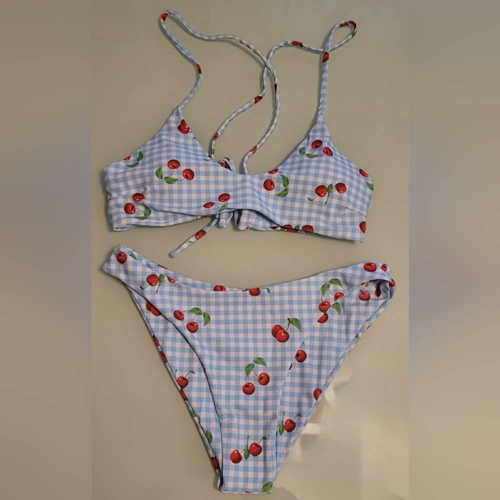 Cherry Print Blue Gingham Bikini Set SIZE SMALL - Picture 2 of 14